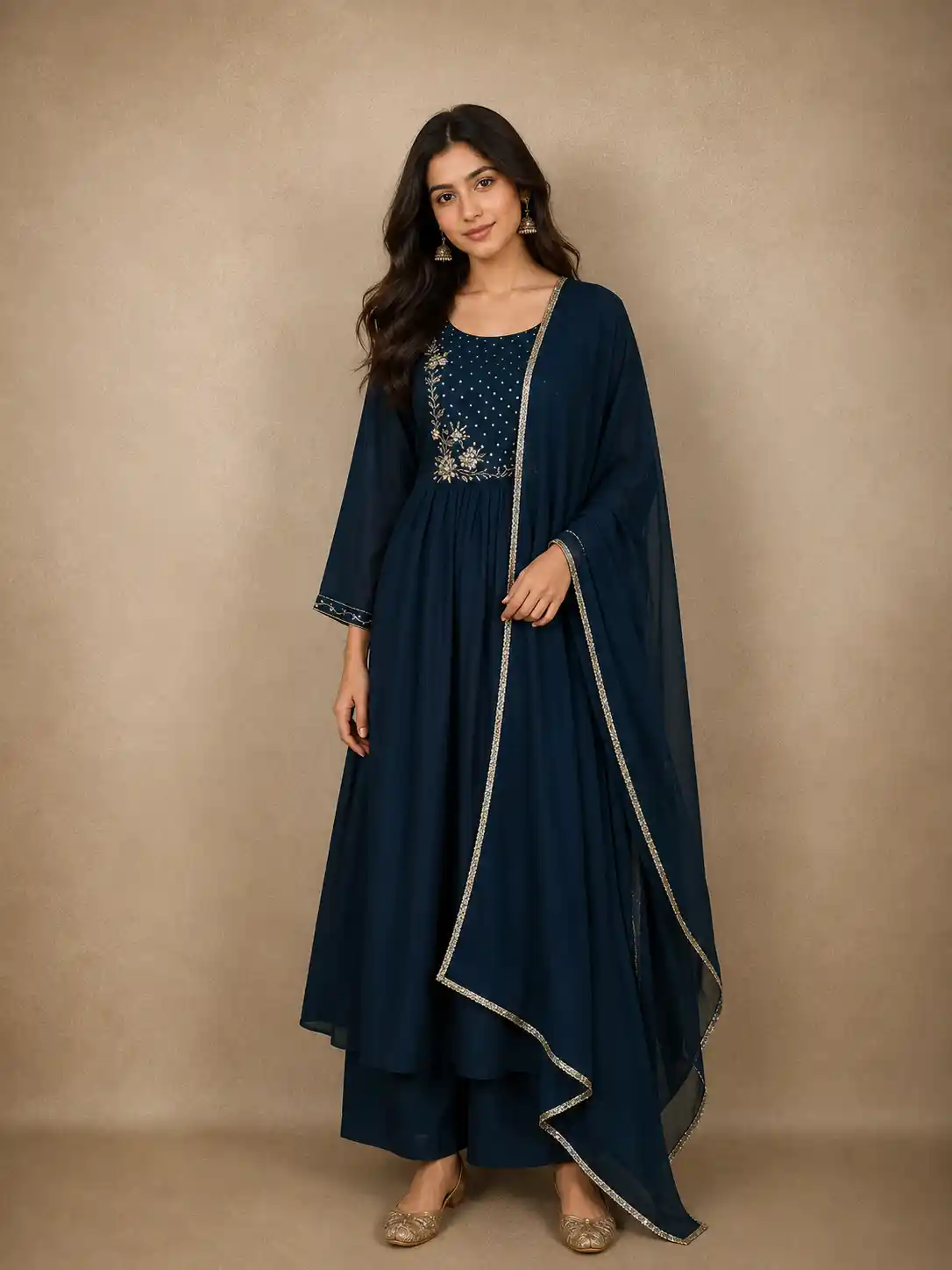 Teal Blue Floral Sequins Embroidered Anarkali Salwar Suit with Dupatta